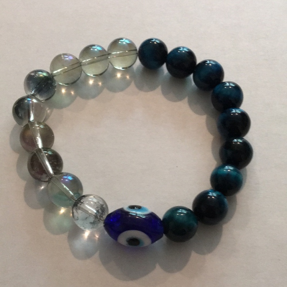 Blue Tiger Eye and Mystic Blue Quartz Crystal Protection Talisman Bracelet